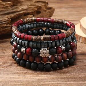 5pcs Red and Black Beads Coconut Shell Bracelets – Unisex